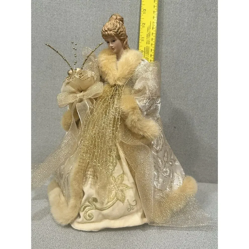 Vtg Lace Satin Angel Tree Topper/table Top Porcelain Face Embroidered 12 in Gold